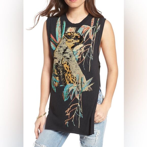 Free People Black Pure Cotton Embellished Jungle Bay Embroidered Tunic Tank Top - Picture 1 of 10